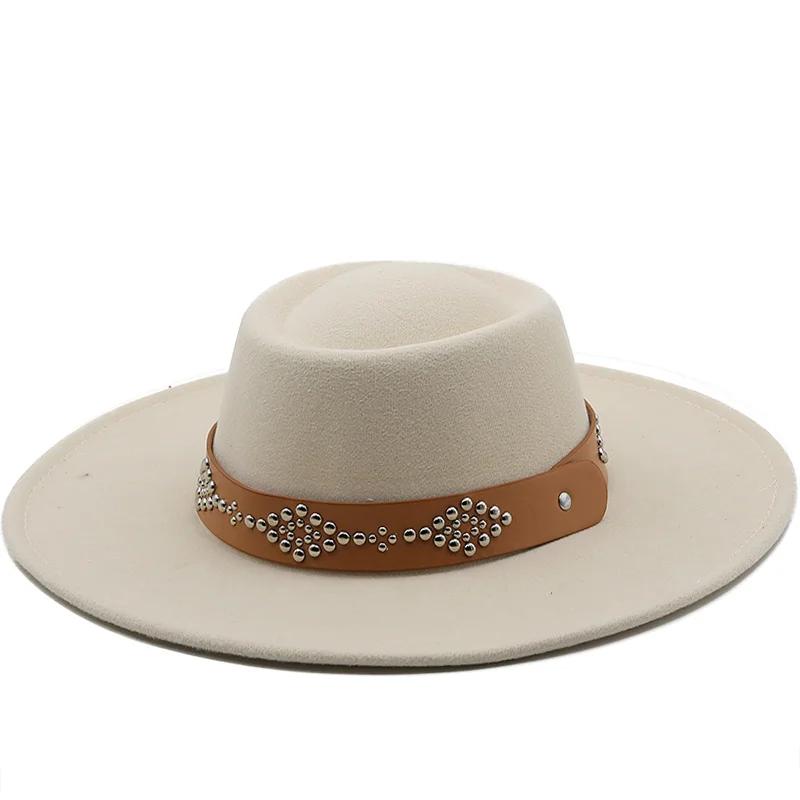 Classic Big Wide Brim 9.5CM Church Derby Flat Top Hat Solid Wool Felt Fedoras Hat Party Gambler Jazz Cap